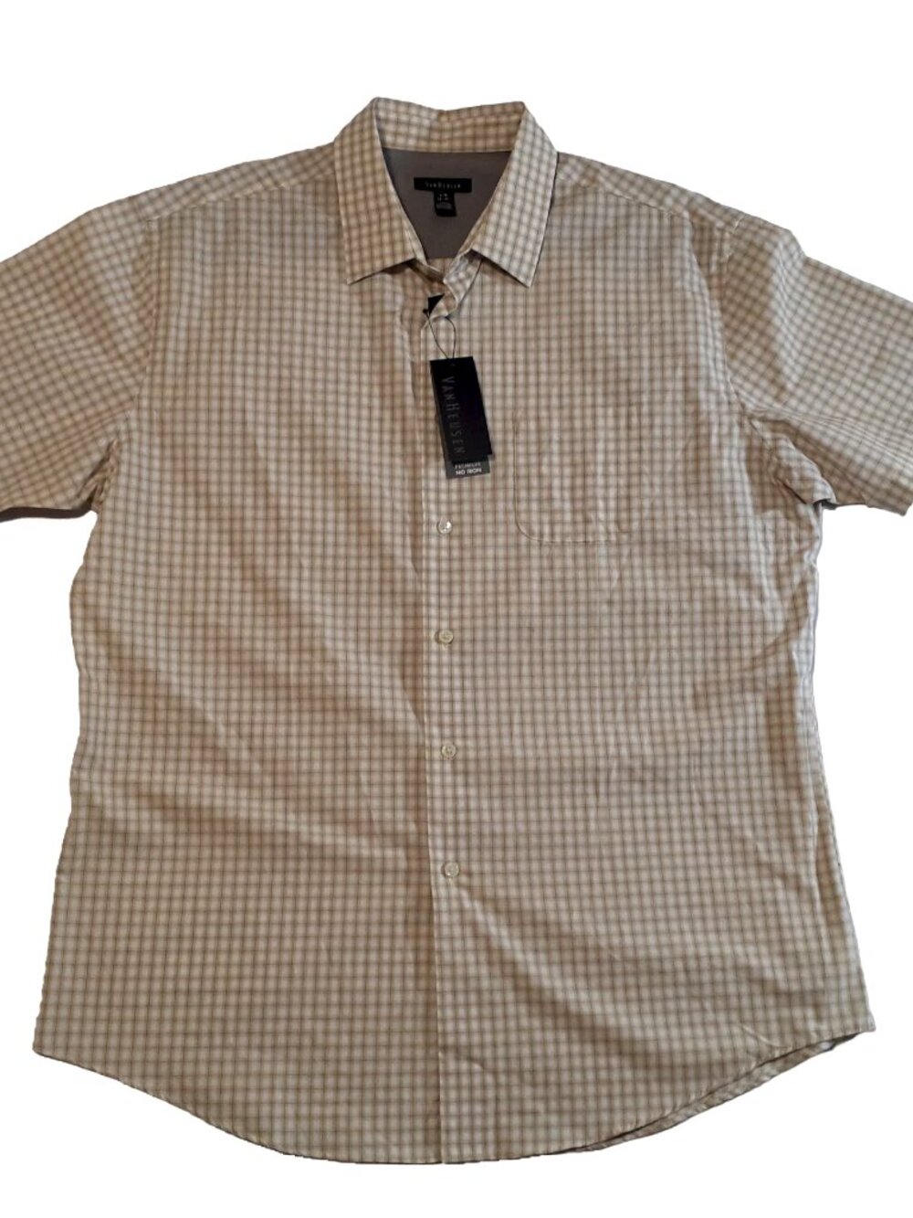Van Heusen Shirt Mens Lg Beige Short Sleeve Button Up Beige Check 16-16.5 NWT